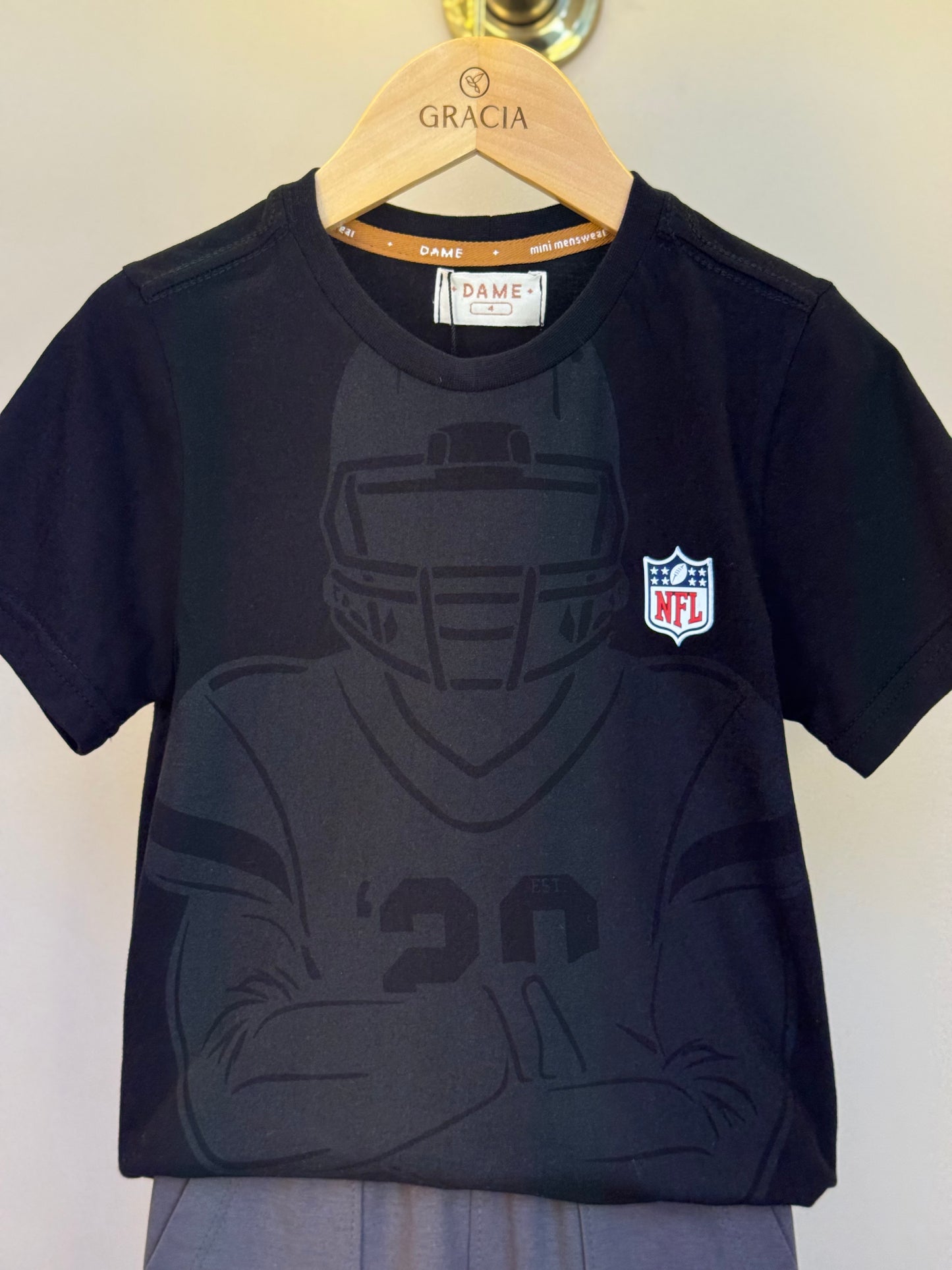 Conjunto Infantil Camiseta Algodão Jogador NFL e Bermuda Suedine Algodão Bolsos Grafite - Dame