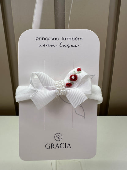Faixa Bebê Laço Pérola Flores Bordadas Vermelhas - Roana