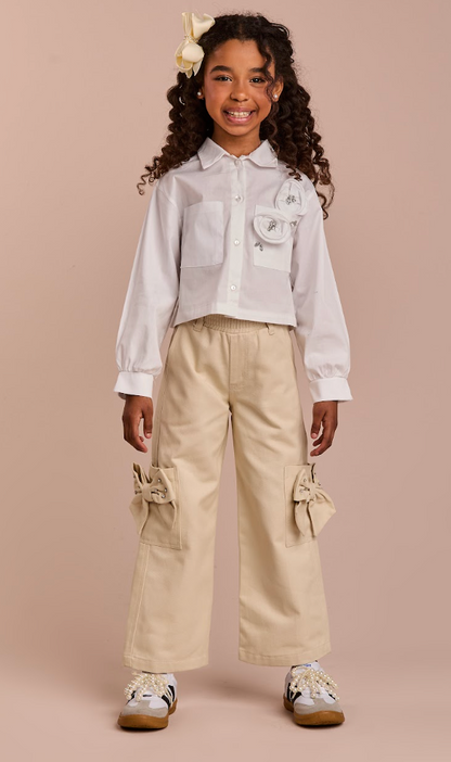 Calça Infantil Wide Leg Cargo Sarja Laços Bege - Gabriela Aquarela