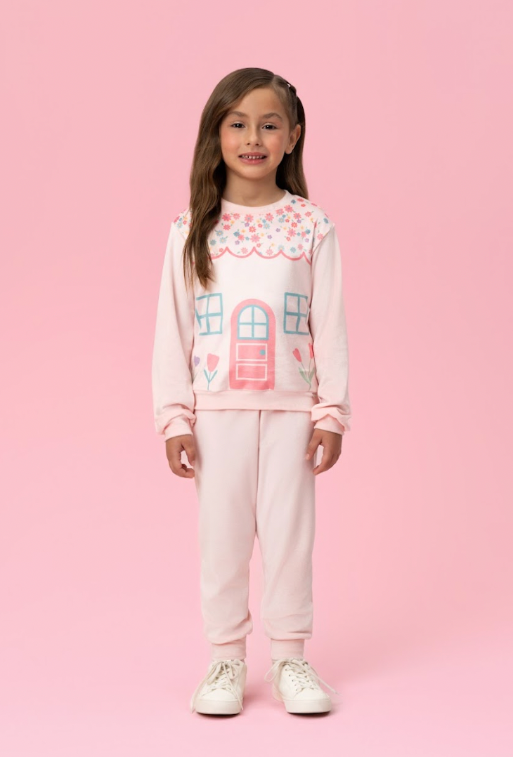 Conjunto Infantil Casaco e Calça Plush Casinha Floral - Mon Sucré