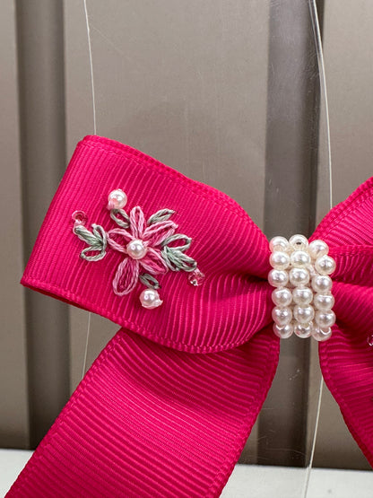 Presilha Infantil Laço Longo Pink Flores Bordadas - Roana