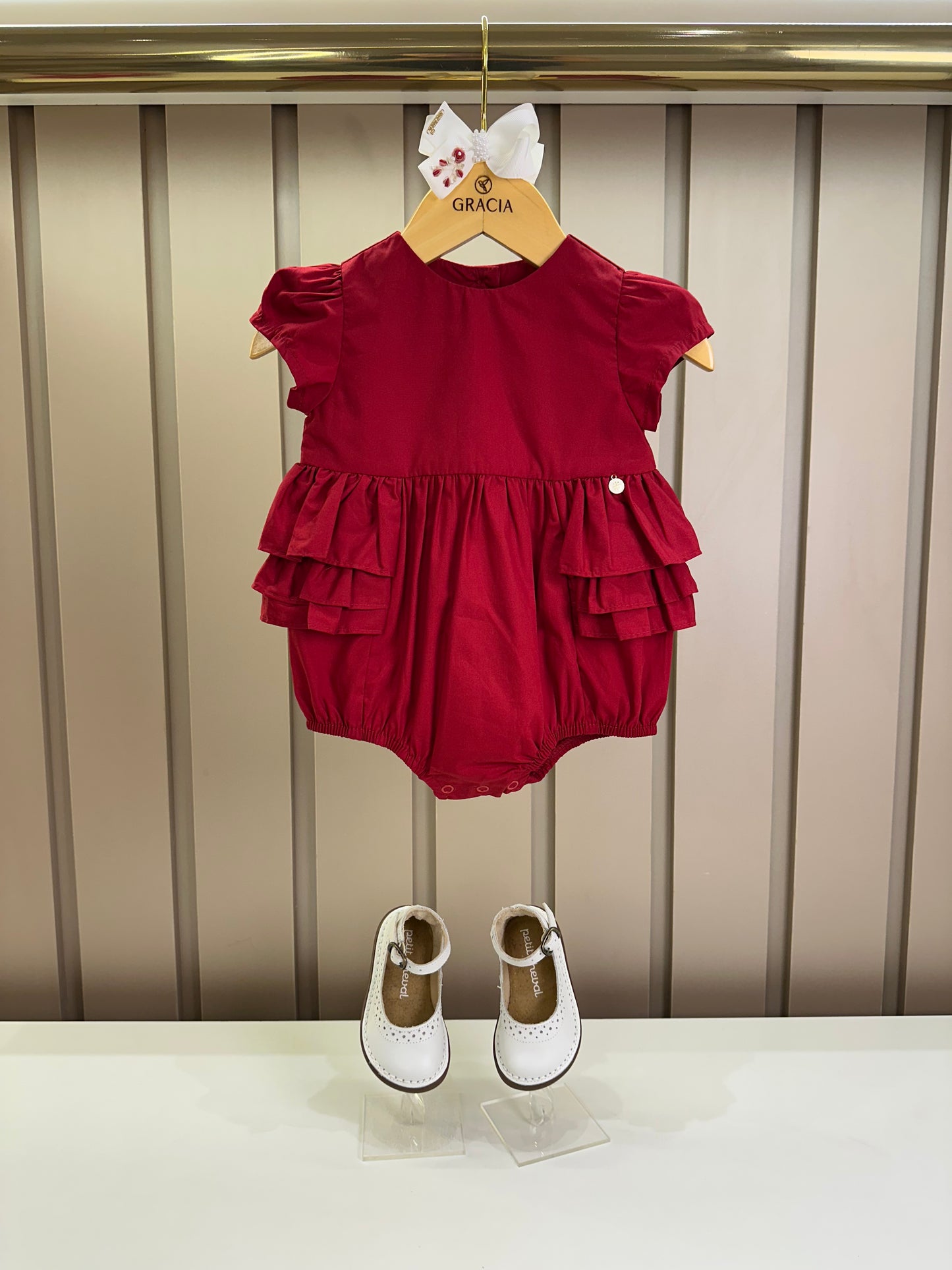 Romper Bebê Fofinho Tricoline Babados Vermelha - Um Mais Um