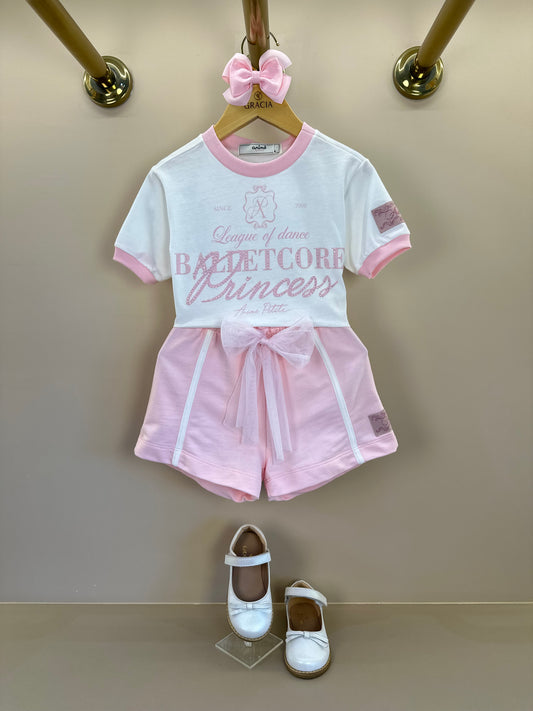 Conjunto Infantil Blusa Perolada Ballet Core Shorts e Laço Rosa - Animê Petite