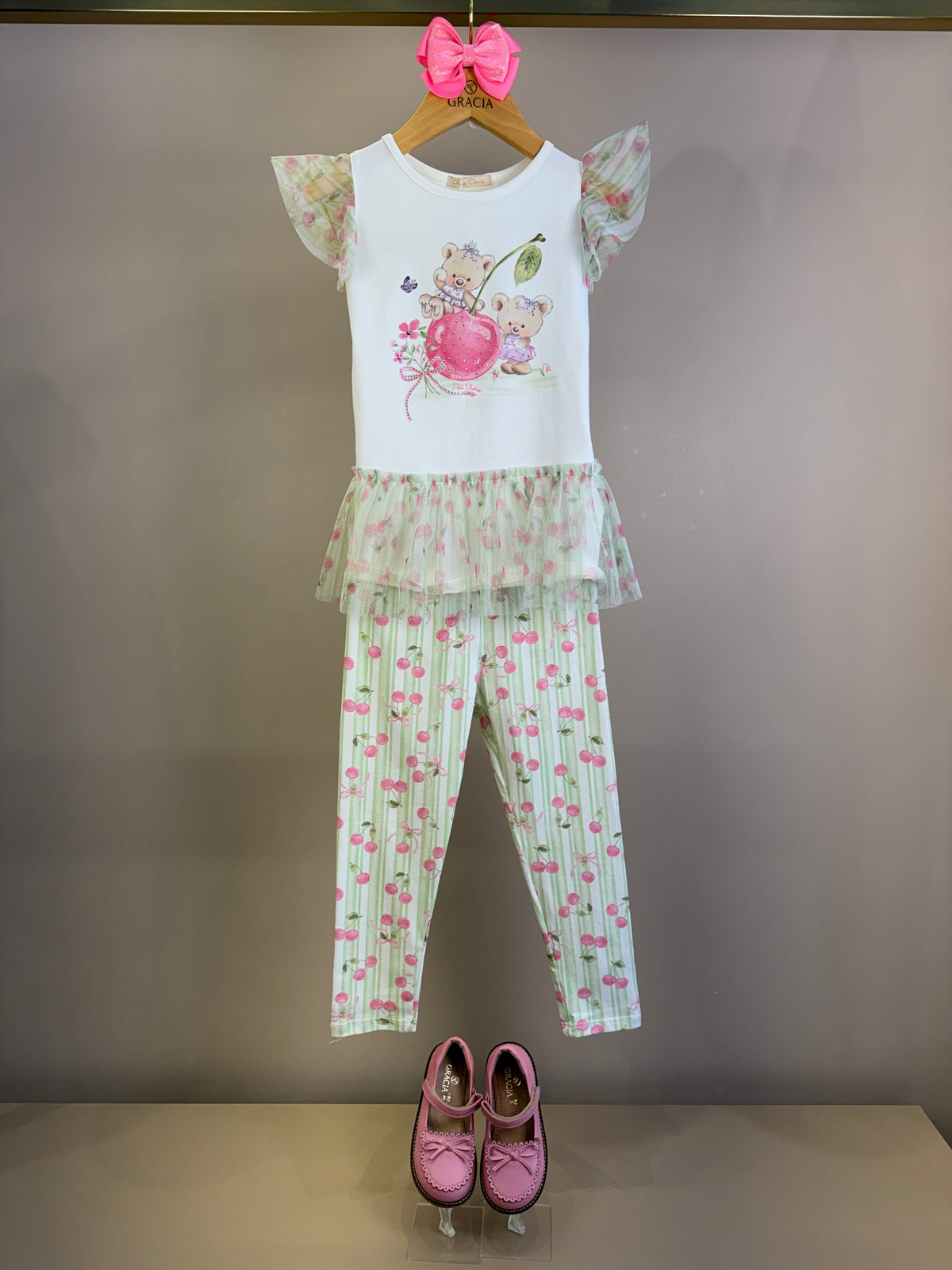 Conjunto Infantil Blusa Ursinha Em Tule e Calça Legging Cerejas - Petit Cherie