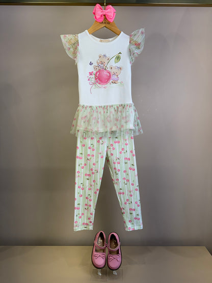 Conjunto Infantil Blusa Ursinha Em Tule e Calça Legging Cerejas - Petit Cherie