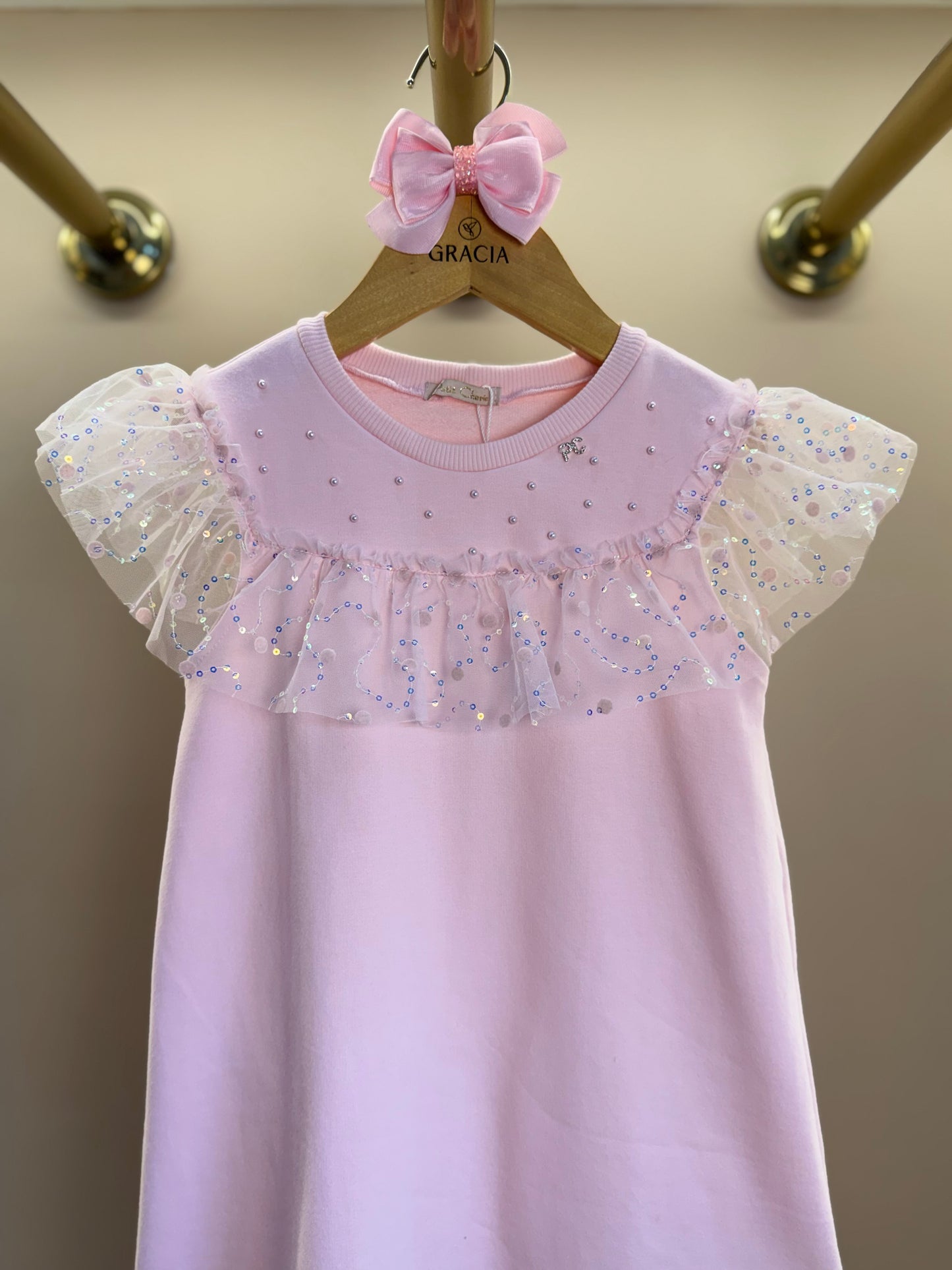 Vestido Infantil Trapézio Bonequinha Tule Bordado Rosa - Petit Cherie
