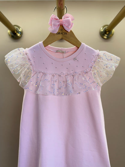 Vestido Infantil Trapézio Bonequinha Tule Bordado Rosa - Petit Cherie