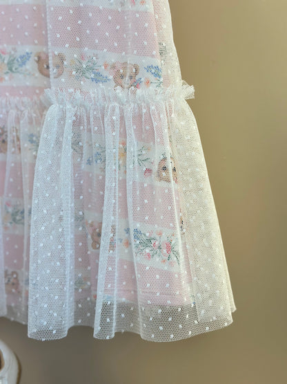 Vestido Infantil Trapézio Tule Poá Ursinha Bordado Lacinho Rosa - Petit Cherie