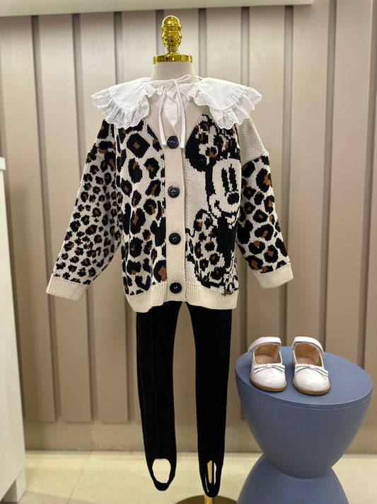 Conjunto Infantil Trio Tricot Minnie Animal Print, Camisa Gola Babados Rendas e Calça Montaria com Pezinho Preta - Animê