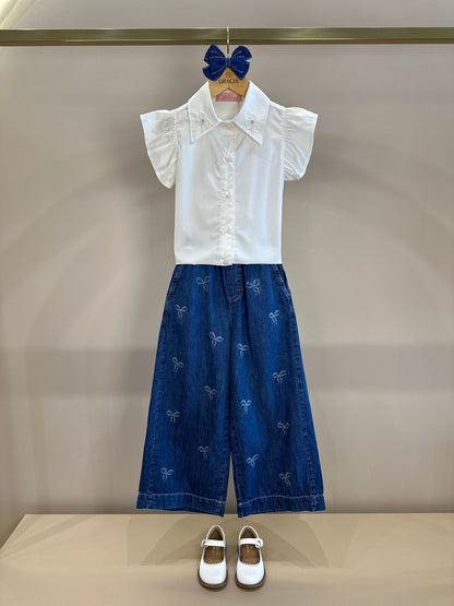Conjuto Infantil Camisa Algodão Lacinhos Bordados e Calça Jeans - Pituchinhus