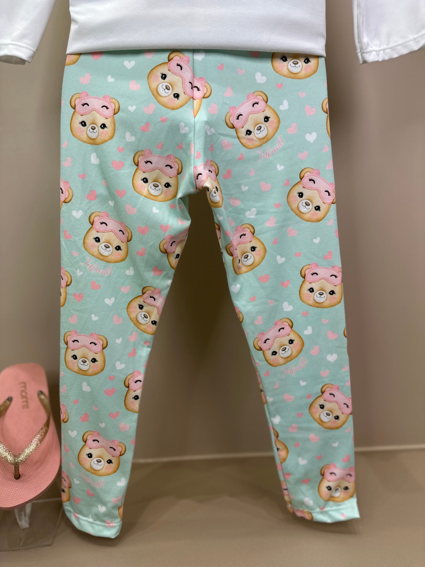 Pijama Infantil Blusa ML Ursinha Off e Legging Estampada Verde - Infanti