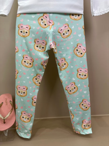 Pijama Infantil Blusa ML Ursinha Off e Legging Estampada Verde - Infanti