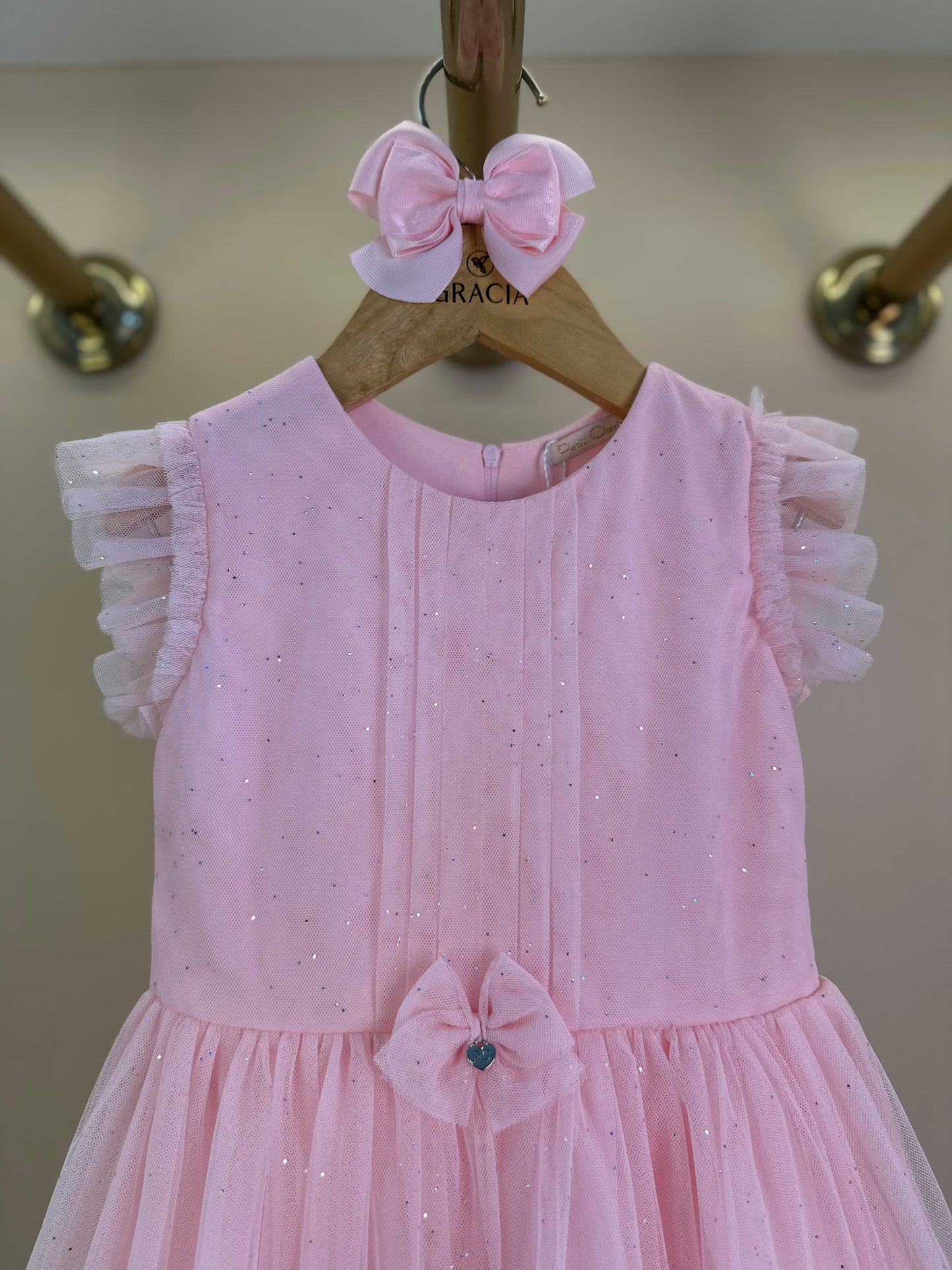 Vestido Infantil Tule Glitter Pregas e Laço Frontal Rosa Claro - Petit Cherie