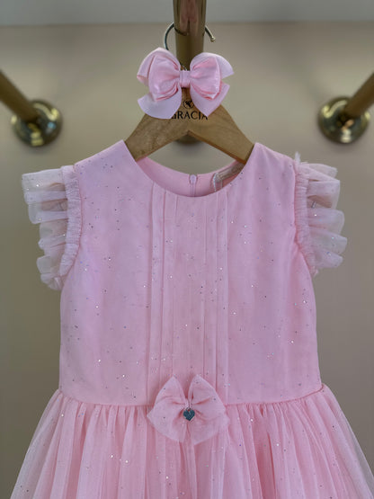 Vestido Infantil Tule Glitter Pregas e Laço Frontal Rosa Claro - Petit Cherie