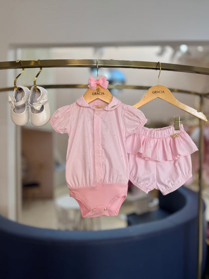 Conjunto Bebê Body e Shorts Algodão Aplicações Strass - Charpey