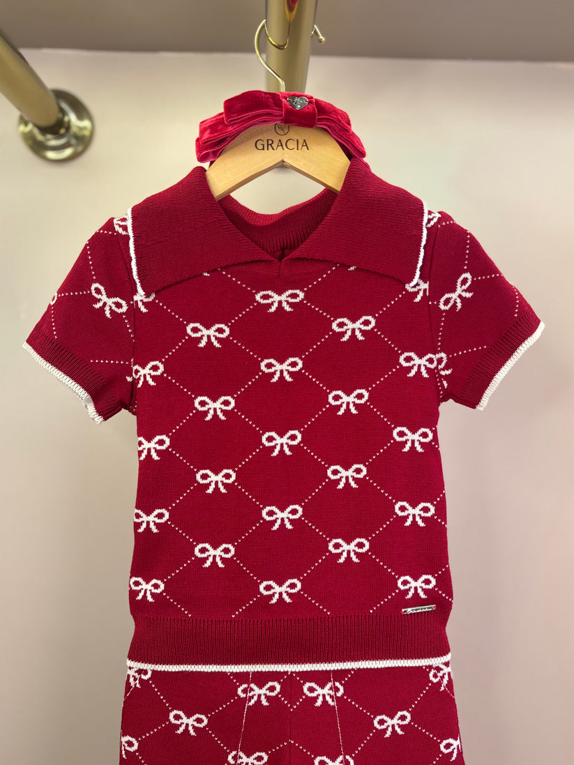 Blusa Infantil Tricot Gola Polo Mini Laços Vermelha- Pituchinhus