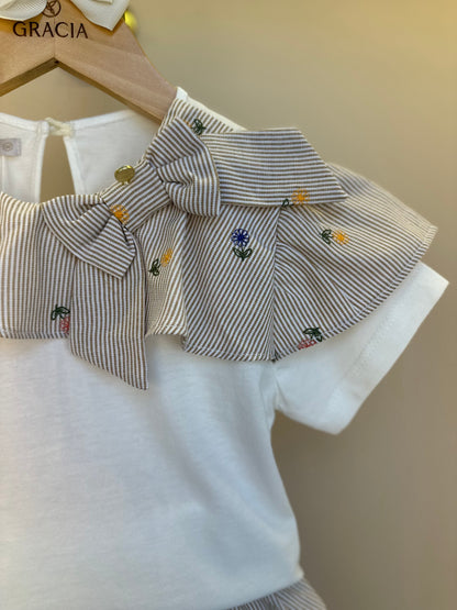 Conjunto Infantil blusa Gola Babado e Saia Tricoline Listrada Com Bordado - Um Mais Um