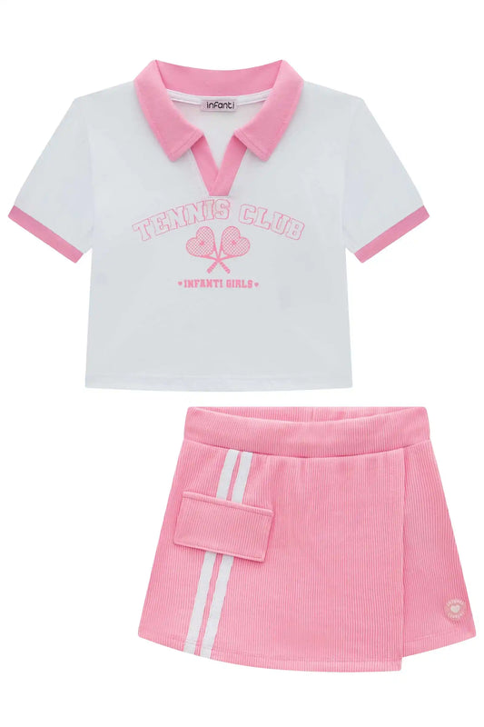 Conjunto Infantil Blusa e Short Saia Tênis Club Rosa e Branco - Infanti