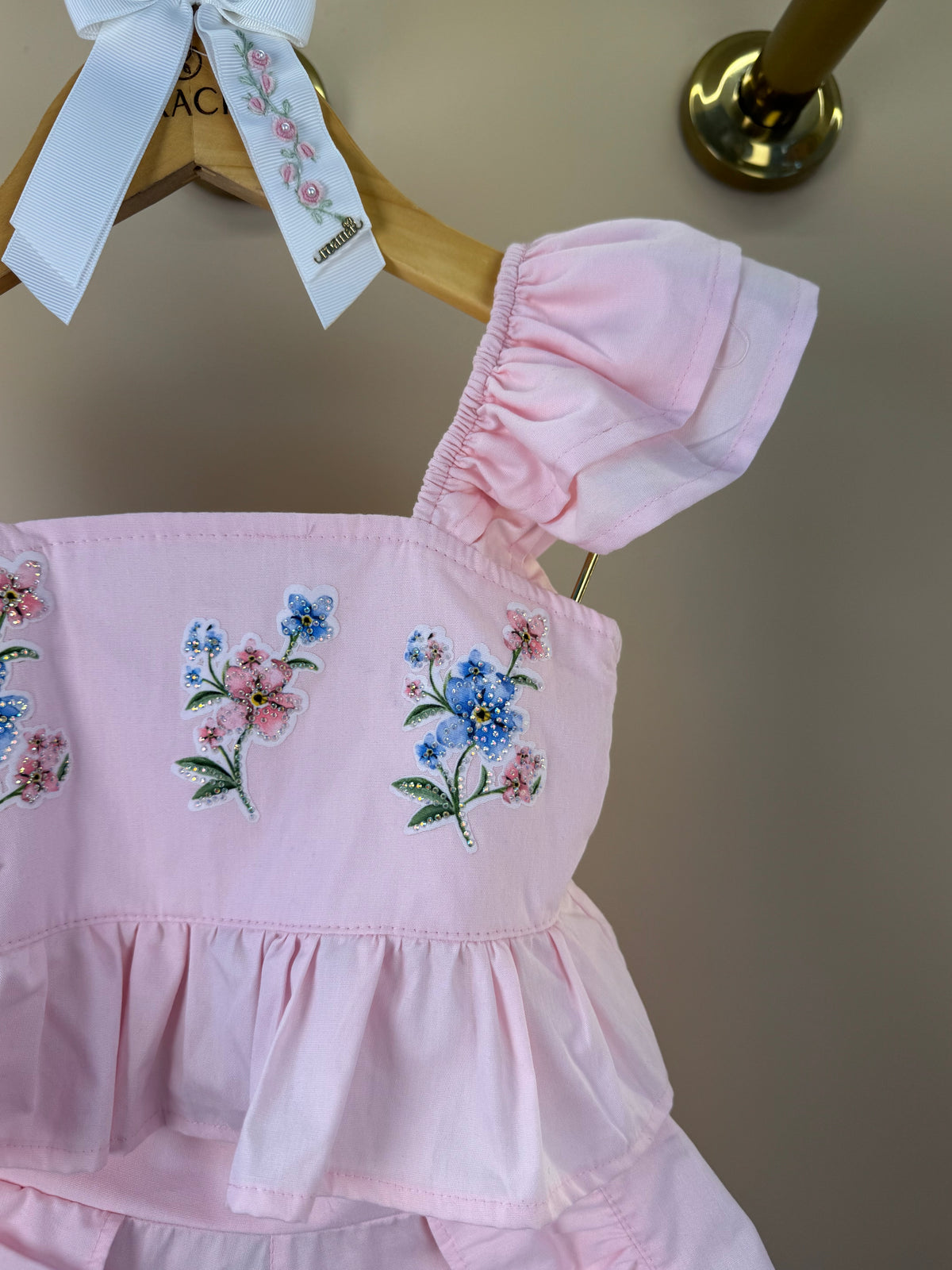 Conjunto Infantil Rosa Blusa Bordado Flores e Shorts Com Babadinho - Luluzinha
