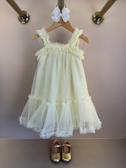 Vestido Infantil Amarelo Strass Brilhante Alças e Barra Em Tule  - Petit Cherie