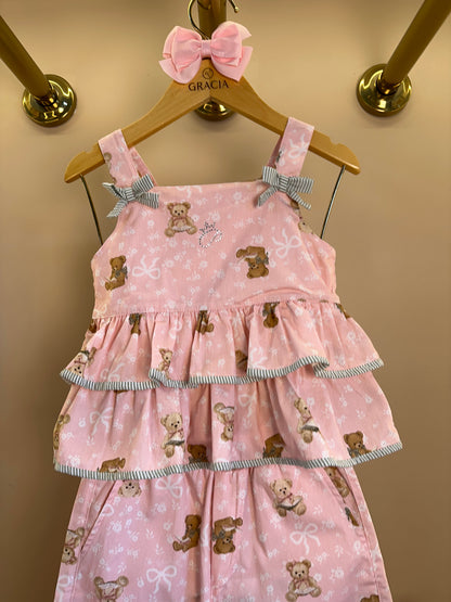 Conjunto Infantil Blusa Algodão Estampa Ursinhos Com Babados Lacinhos e Calça Pantacourt  - Pituchinhus
