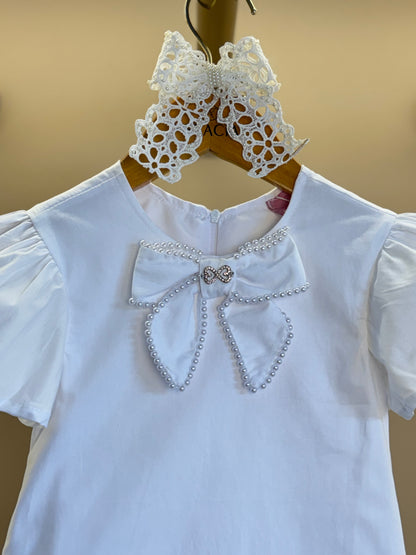 Vestido Infantil Algodão Laço Bordado Manual Babado Barrado Laise Branco - Luluzinha