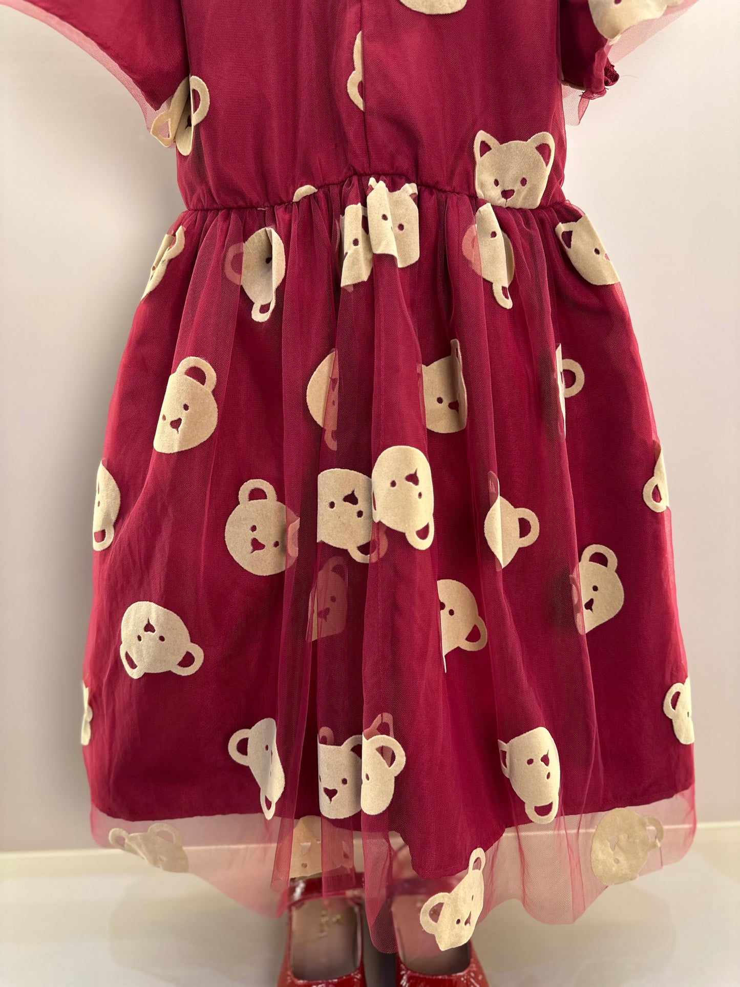 Vestido Infantil Tule Ursinhos Bordô - Momi