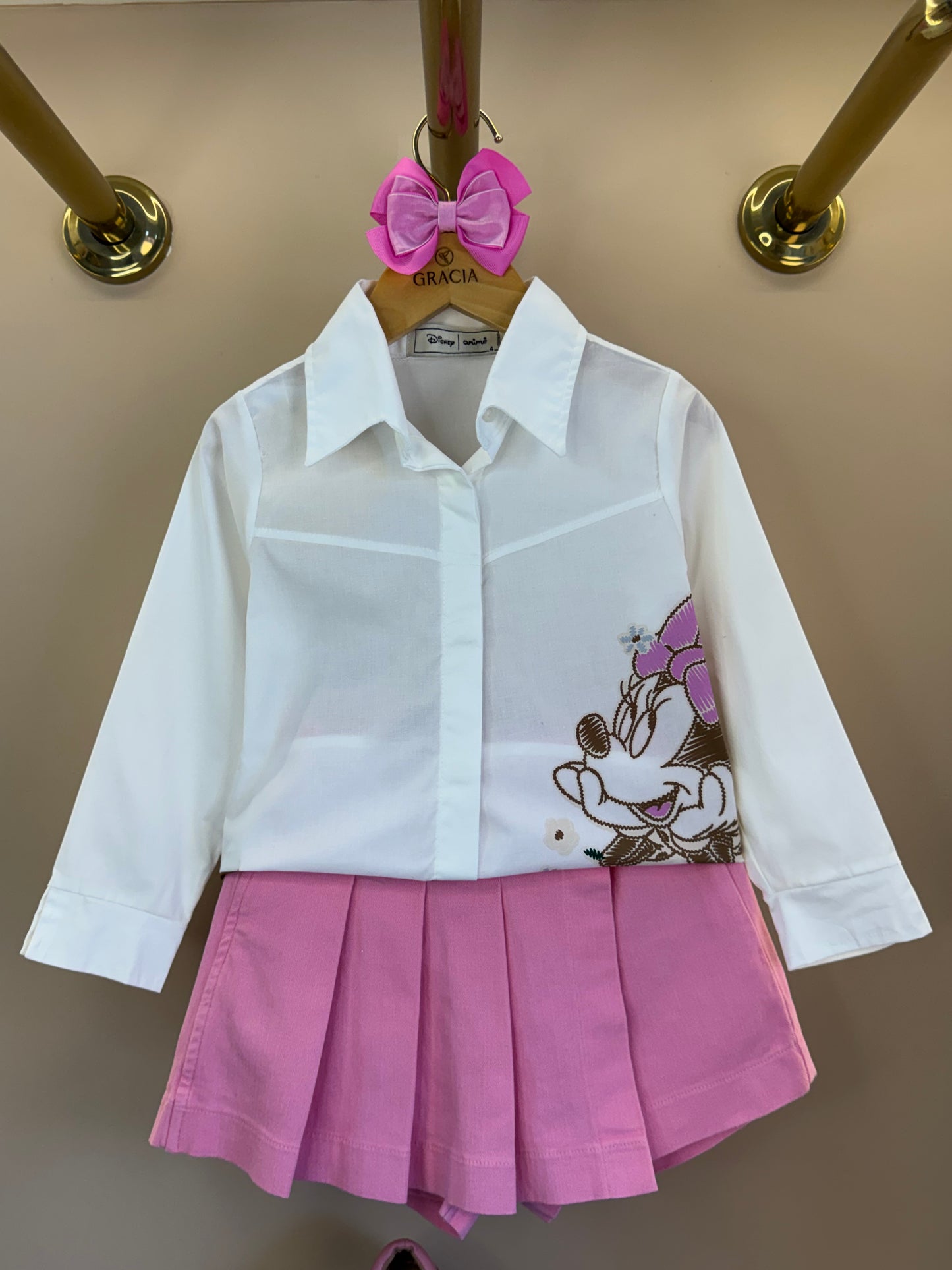 Conjunto Infantil Camisa Minnie Flores e Shorts-saia Sarja Rosa Girly - Animê Petite