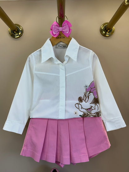 Conjunto Infantil Camisa Minnie Flores e Shorts-saia Sarja Rosa Girly - Animê Petite