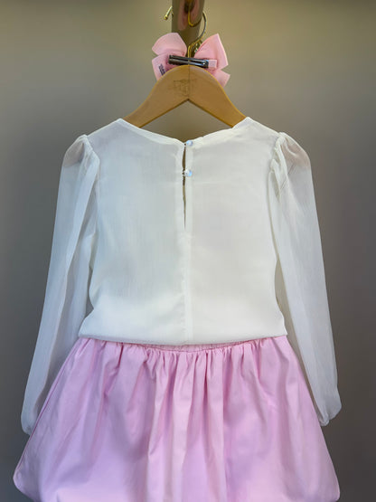 Conjunto Infantil Saia Balonê Rosa Com Lacinhos E Blusa Off Ursinho - Gabriela Aquarela