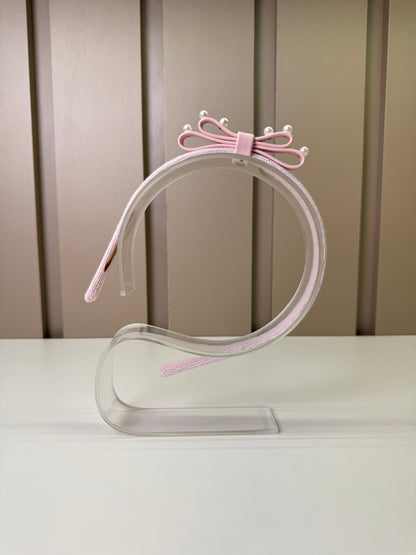 Arquinho Infantil Duplo Courino Laço & Pérolas Rosa - Pituchinhus