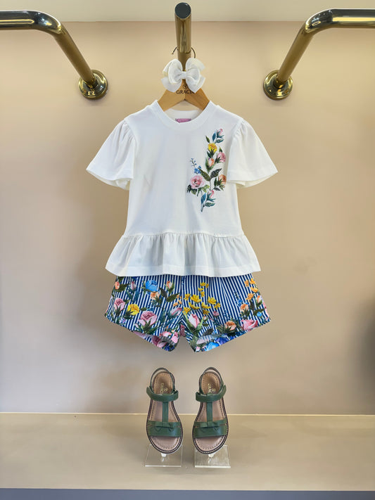 Conjunto Infantil Blusa Off White Flores Bordadas e Short Listrado Flores - Luluzinha