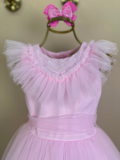 Vestido Infantil Gola Bordada Em Tule Rosa - Petit Cherie