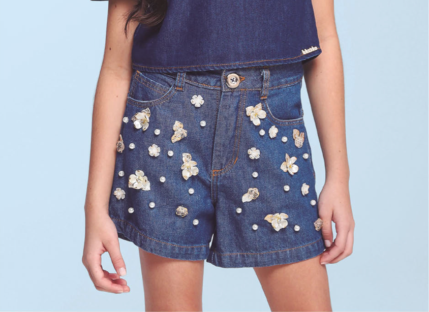 Conjunto Infantil Blusa Jeans Bordada Flores e Short Jeans Branco - Luluzinha PRÉ-VENDA