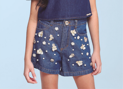 Conjunto Infantil Blusa Jeans Bordada Flores e Short Jeans Branco - Luluzinha PRÉ-VENDA