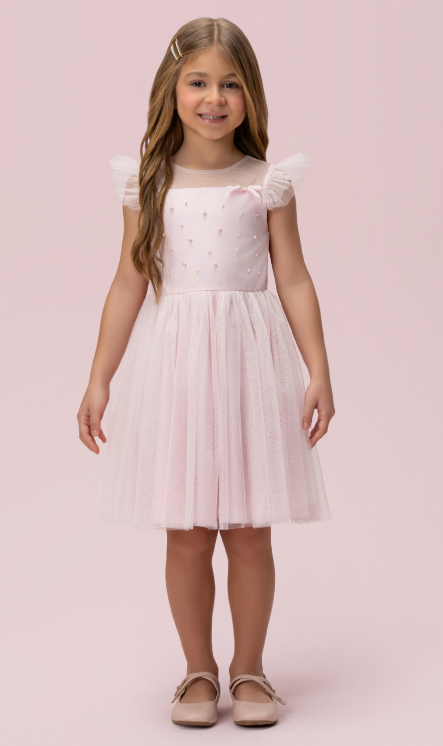 Vestido Infantil Festa Tule Poly Mesh Pérolas e Lacinho Aplicado Rosa - Petit Cherie