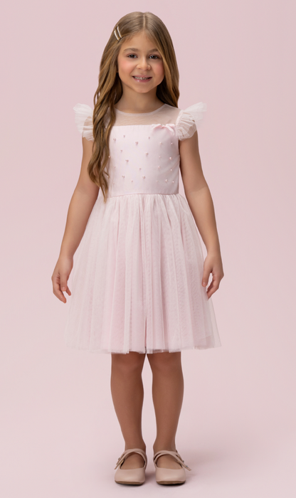 Vestido Infantil Festa Tule Poly Mesh Pérolas e Lacinho Aplicado Rosa - Petit Cherie