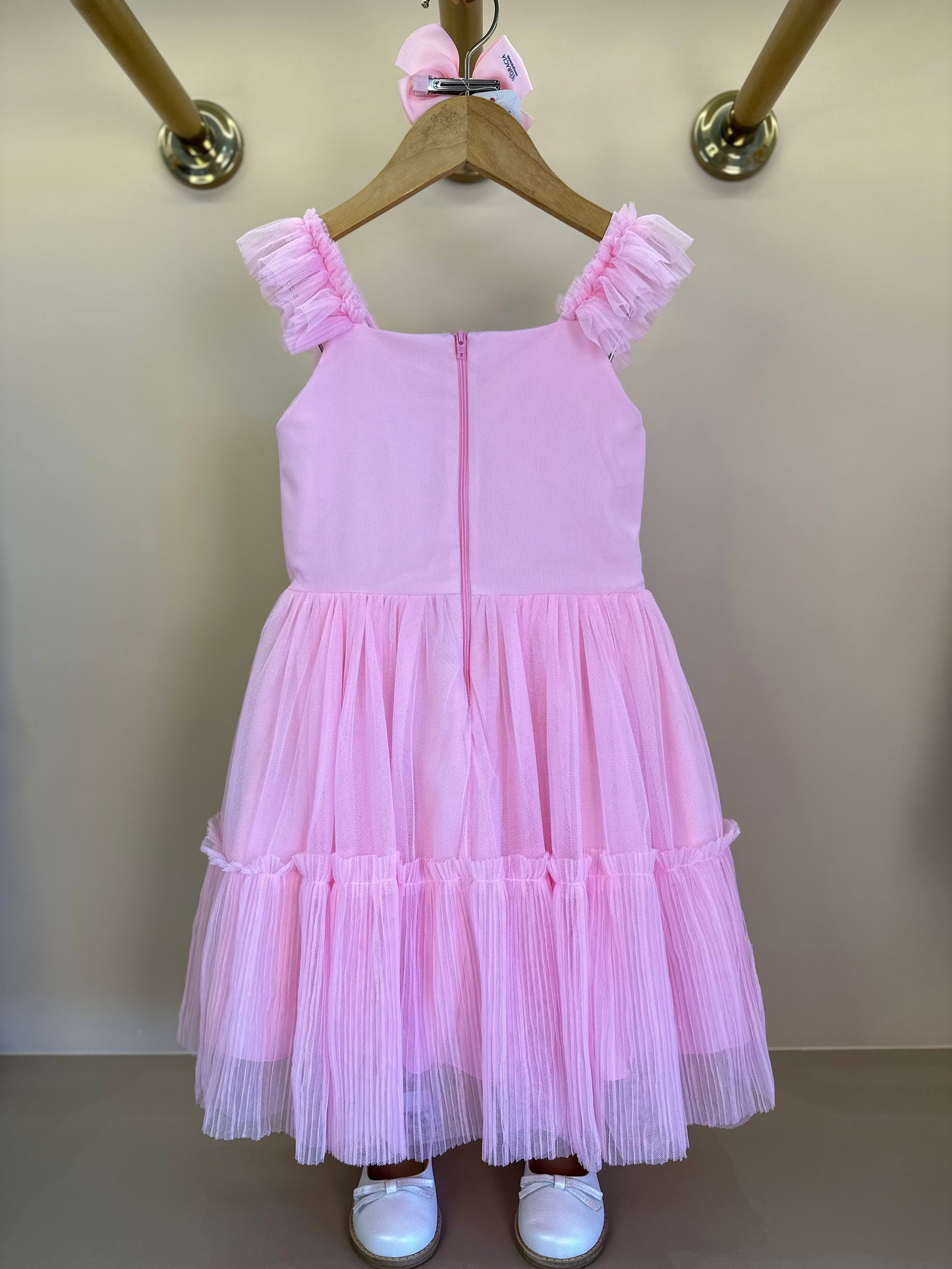 Vestido Infantil Tule Tomas e Plissado Rosa - Petit Cherie
