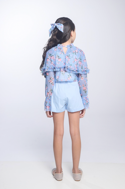 Conjunto Infantil Blusa Capa Floral Azul e Shorts Alfaiataria Azul - Luluzinha