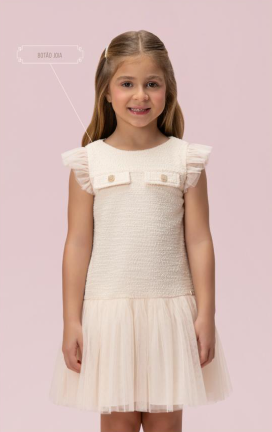 Vestido Infantil Tweed com Botão Joia e Tule - Petit Cherie