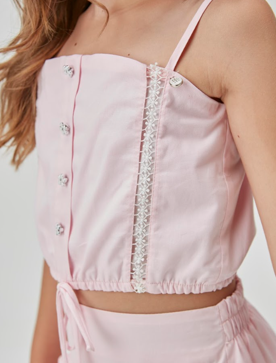 Conjunto Infantil Blusa e Saia-short de Algodão Entremeio em Renda Rosa - Um Mais Um