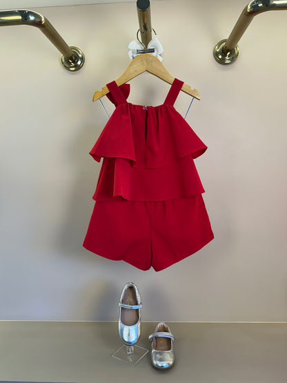 Conjunto Infantil Blusa Babado Laço Lateral e Shorts Vermelho - Mon Sucre