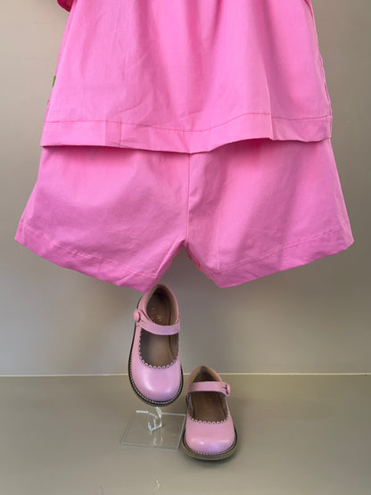 Conjunto Infantil Blusa Mangas Amplas Estampa Tomates e Shorts Saia Rosa - Animê