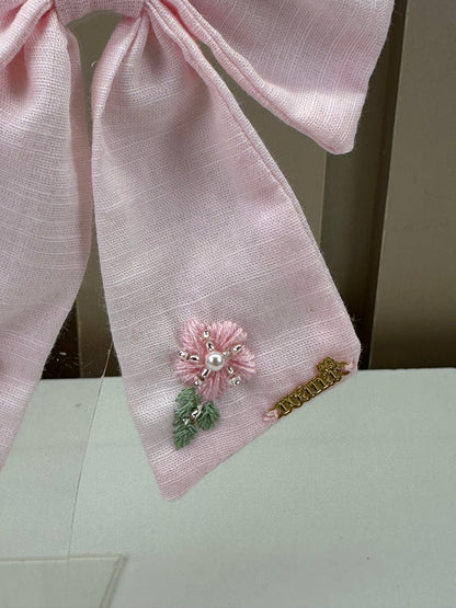 Laço Infantil Mariana Rosa Tecido Algodão Flores Bordadas - Roana