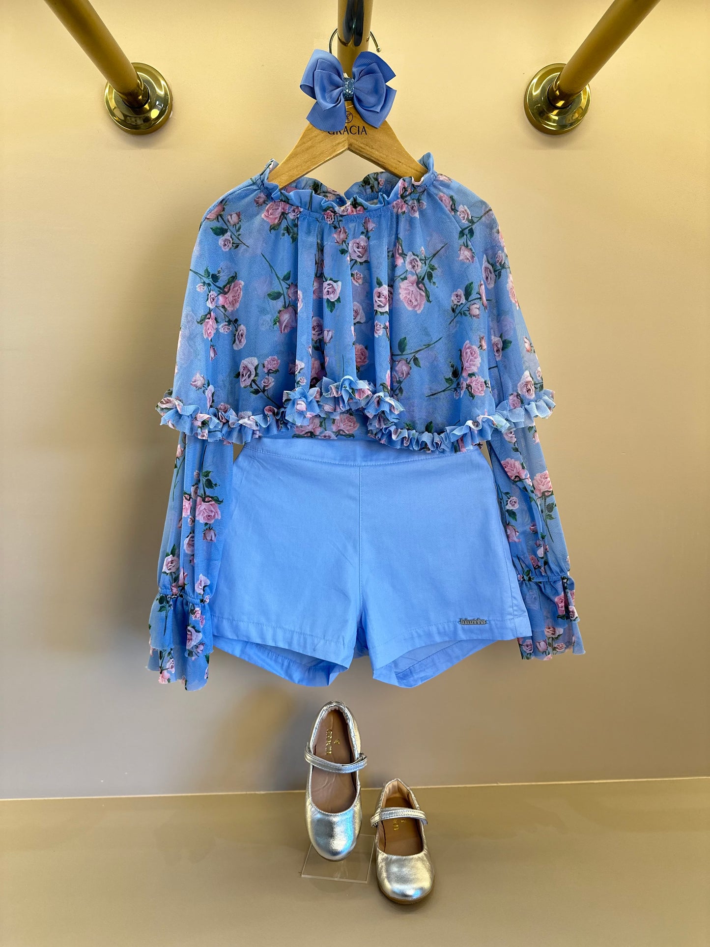 Conjunto Infantil Blusa Capa Floral Azul e Shorts Alfaiataria Azul - Luluzinha