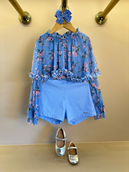 Conjunto Infantil Blusa Capa Floral Azul e Shorts Alfaiataria Azul - Luluzinha