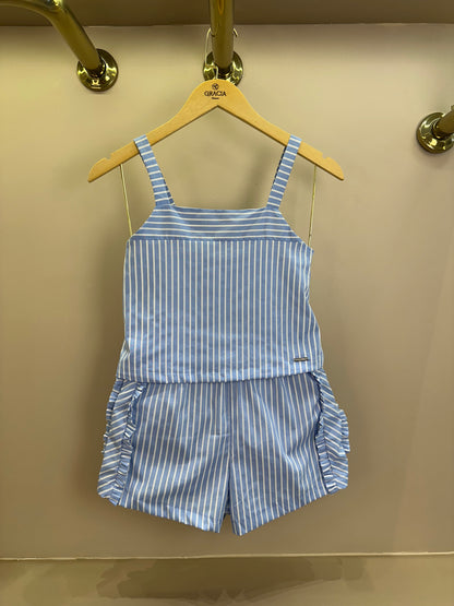 Conjunto Infantil Regata Alças Finas e Shorts Tricoline Listrado - Vanilla Cream