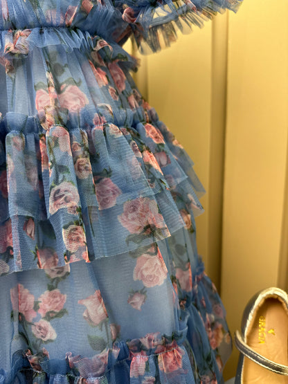 Vestido Infantil Midi Tule Floral Azul Babados - Luluzinha