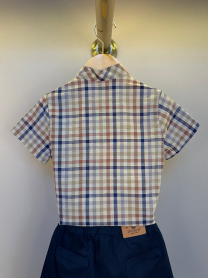 Conjunto Infantil Camisa Gola Padre Xadrez Fio Tinto e Bermuda Sarja Marinho - Um Mais Um