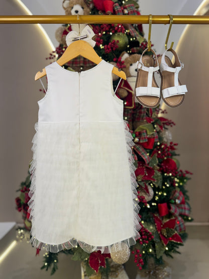 Vestido Infantil Festa Pérolas Tule Frufru Branco - Pituchinhus
